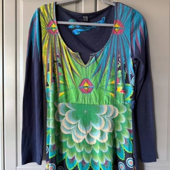 Desigual Women's Y2K Abstract‎ Floral Print L/S A-Line Dress, Navy Green, S - Picture 3 of 12